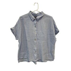 Tahari Shirt Size XL Linen Button Front Cuffed Short Sleeve Light Blue Coastal